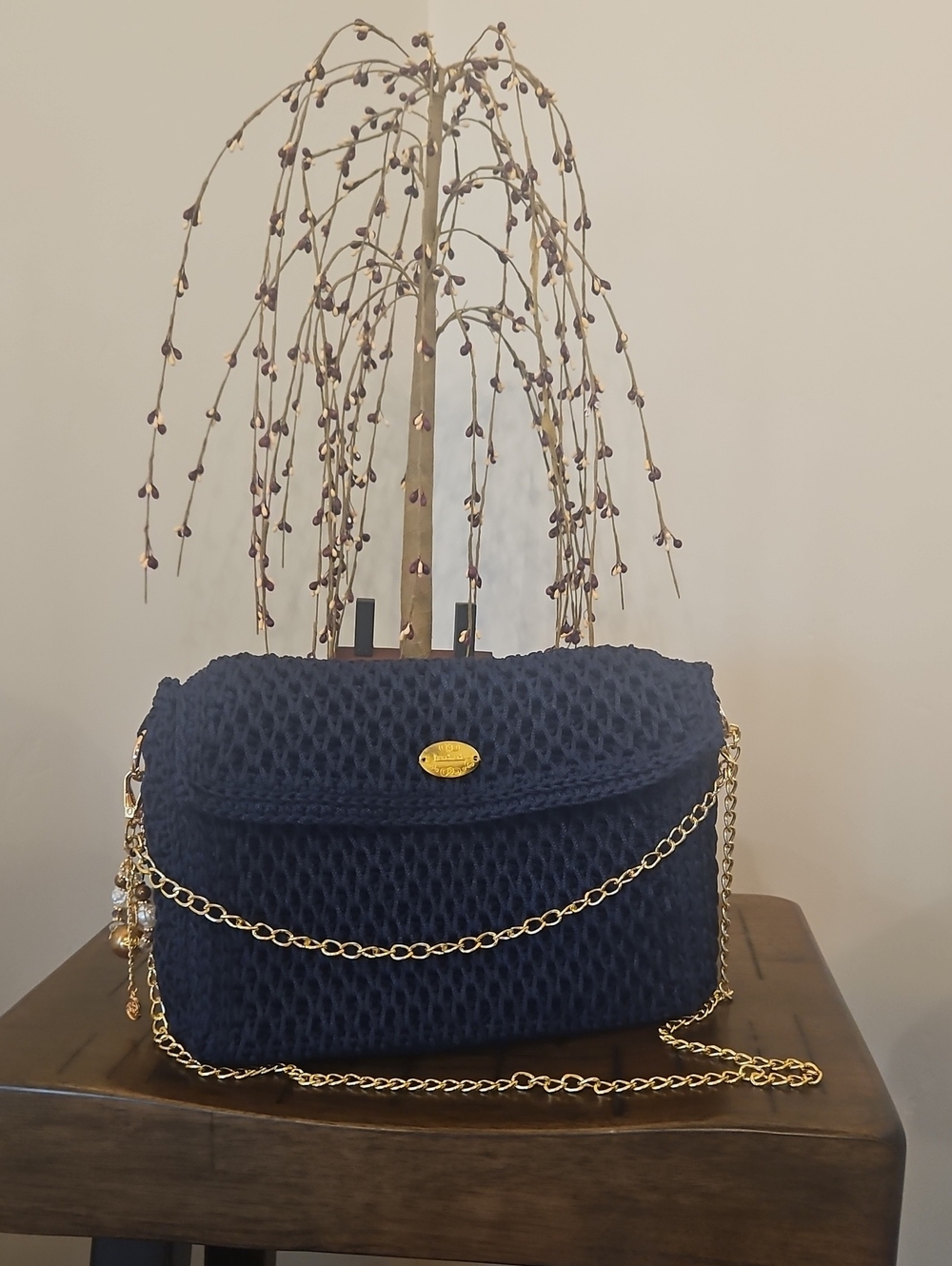 Hand Crocheted By Me Navy Crossbody Bag with Gold Chain